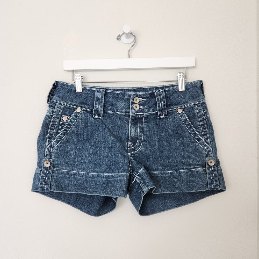 Y2K Low Rise Denim Mini Shorts Double Button Cuffed Mossimo Medium Wash 6 8